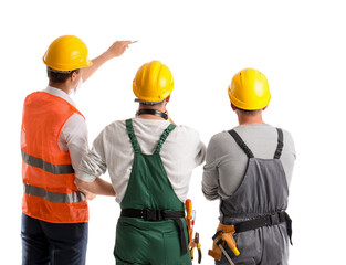 Team of male builders on white background, back view