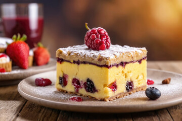 Delicious cake decorated with raspberries and powdered sugar, on blurred background. National Dessert Day. For patisserie menu design, bakery promotion, sweet-themed advertisement, culinary blog