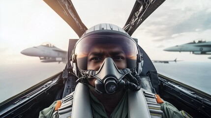 Fototapeta premium Close-up of a jet fighter pilot in the cockpit with other aircraft flying in formation in the background.