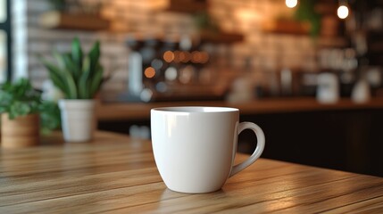 Fototapeta premium A blank coffee cup on a counter with a modern cafa background