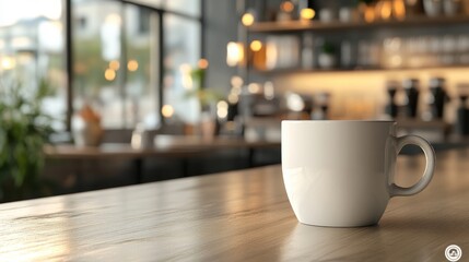 Fototapeta premium A blank coffee cup on a counter with a modern cafa background