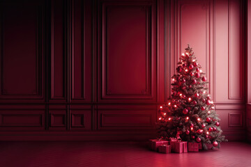 Christmas tree standing in red room with gifts underneath