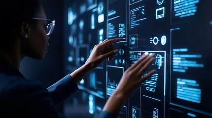 Fototapeta premium Interactive customer service, digital holographic interface, dynamic tech environment