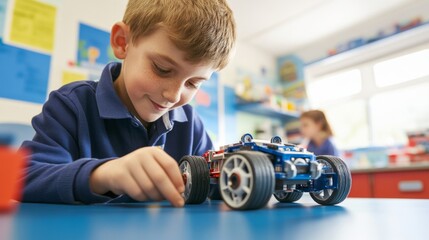 Engaged Boy Building a Model Car