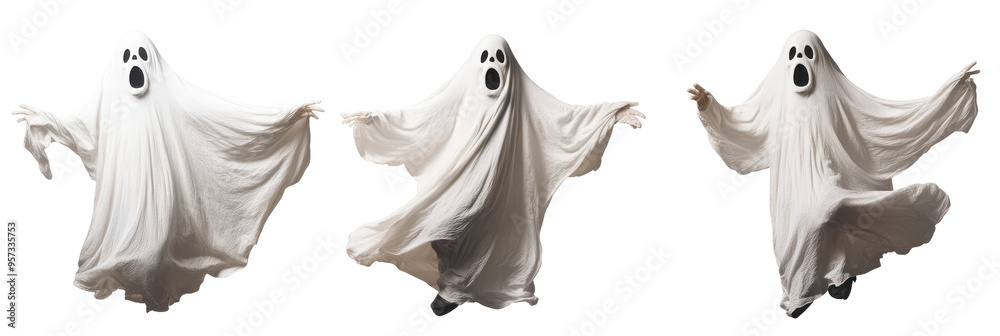 Canvas Prints Three ghosts dressed in white sheets are dancing and having fun for Halloween. This image represents spooky fun, Halloween celebration, and ghostly figures.