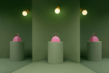 Modern Pink Handbag Displayed on Green Podiums in Stylish Settin
