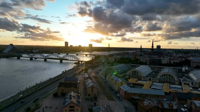 Aerial view of the Riga Old Town at sunset in Latvia.