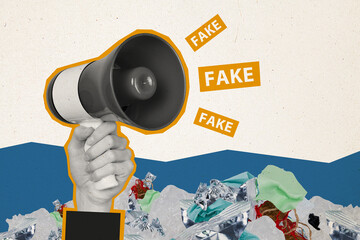 Trend artwork composite sketch image 3D photo collage of huge hand hold loudspeaker talk speech...
