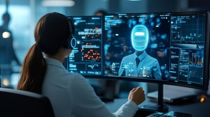 Real-time support hub, AI hologram interface, corporate tech setting