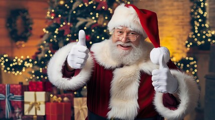 Happy Santa Claus Giving Thumbs Up With Christmas Gifts In The Background © Diclonius