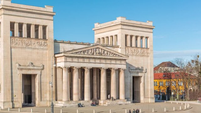 Propylaea or Propylaen timelapse from above. Monumental city gate in Konigsplatz (King's Square), Munich, Germany, Europe. The building in Doric order, evokes the entrance for the Athenian Acropolis