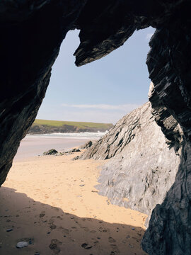 View of polly joke beach from a sea cave.