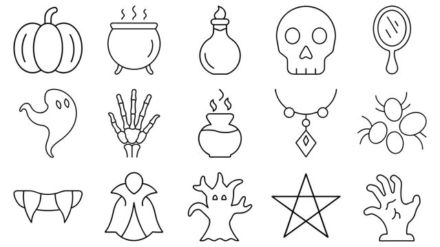 Halloween symbols include a skull, a pumpkin, a witch, a skeleton
