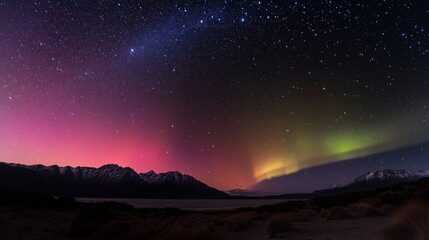 Obraz premium A stunning landscape shows the aurora australis lighting up the night sky, intertwined with the brightness of the stars. Southern lights with dark mountain silhouettes on the horizon.