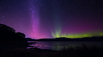 A stunning landscape shows the aurora australis lighting up the night sky, intertwined with the brightness of the stars. Southern lights with dark mountain silhouettes on the horizon.