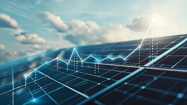 Graph with a rising trend is superimposed on solar panels, indicating growth in the renewable energy market and solar power efficiency - Powered by Adobe