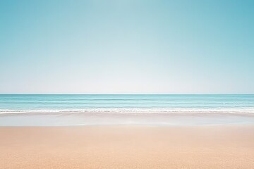 Fototapeta premium Minimalist beach scene with clear sky, calm ocean and sandy shor