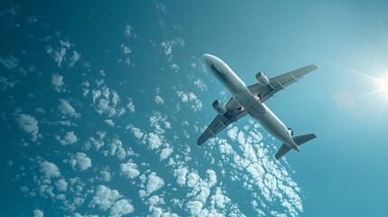 Obraz premium Airplane Flying Above Clouds Blue Sky Airplane View Travel Adventure Journey