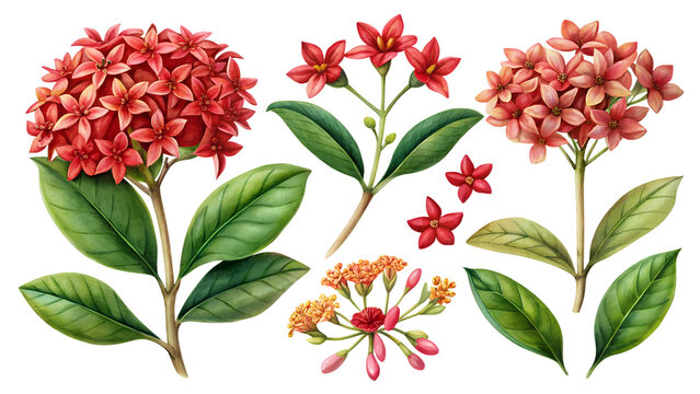 Bright flower clipart: red flowers and ixora inflorescences. Ideal for vibrant designs, botanical illustrations and bold creative projects.