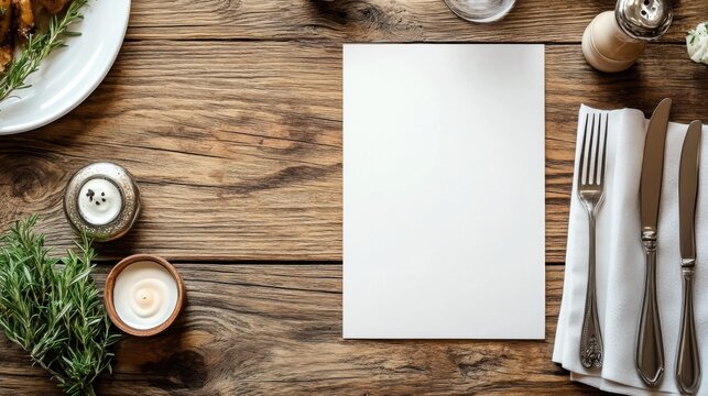 A blank restaurant menu on a rustic wooden table