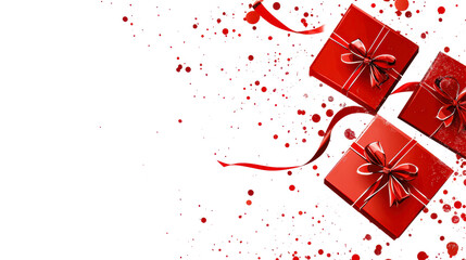 Festive red gift boxes with ribbons and splashes isolated on transparent background
