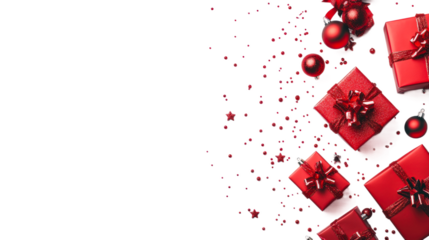 Red gifts with ornaments and scattered confetti for celebration isolated on transparent background