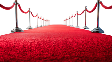 Red carpet leading to a prestigious event venue with velvet ropes isolated on transparent background