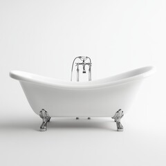 Elegant white clawfoot bathtub with chrome fixtures, set against a clean white background, showcasing a classic and refined design