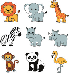 Fototapeta premium Cartoon style flat color vector Animals picture set, generative AI