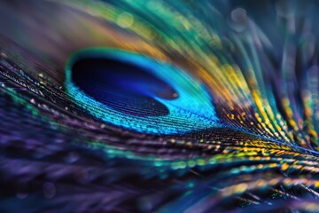 Fototapeta premium Feather Close Up. Peacock Feather with Beautiful Teal, Blue, Green, and Purple Colors in San Antonio, Texas