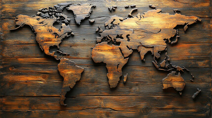 Antique wooden world map with intricate detailing and vintage charm, evoking a sense of exploration and historical richness. Ideal for adding a classic touch to any decor