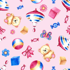 Seamless pattern with children's toys, cubes, balls and teddy bears, bows and butterflies. Handmade watercolor illustrations. On a pink background. For wrapping paper, textiles, children's clothing.