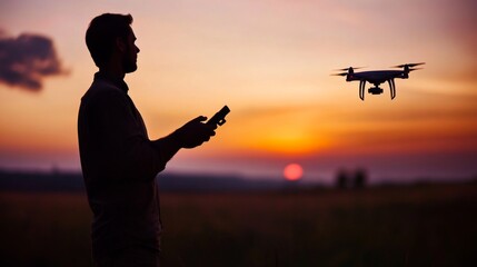 Silhouette of a Man Flying a Drone at Sunset