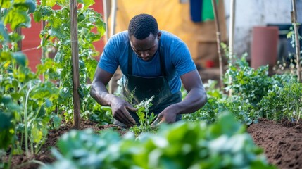 Urban Gardener Tending to Plants