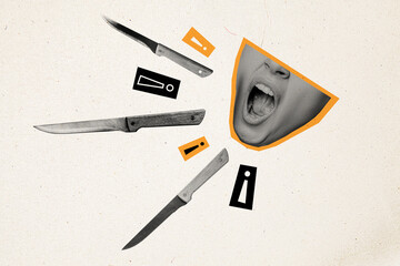 Photo collage artwork minimal picture of mouth shouting sharp knives isolated beige color background