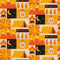 Retro geometric pattern on the theme of camping with a tent, mountains, sun, compass, campfire in the flat style.