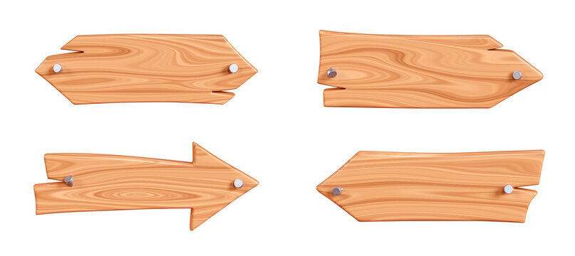 Wooden arrow plaque with cracks and nails for text box. Cartoon 3d render illustration of signboard with brown wood texture. Vintage rustic timber plank, nameplate or board frame with fracture.