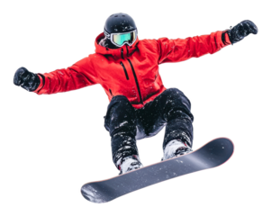 Snowboarder performs a trick mid-air in a snowy winter landscape isolated on transparent background