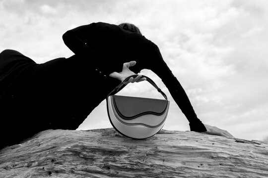 Naklejki Elegant Woman Posing on Driftwood with Designer Handbag