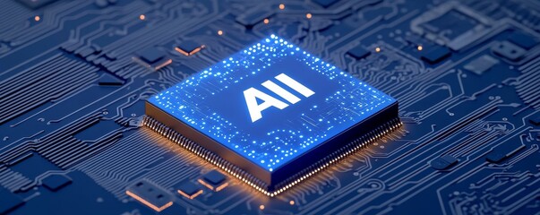 Close-up of AI microchip on blue circuit board, advanced technology concept