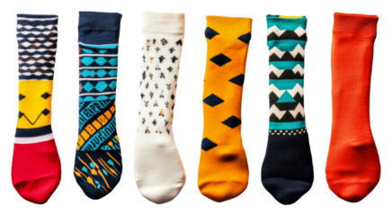 Colorful patterned socks displayed in a row isolated on transparent background