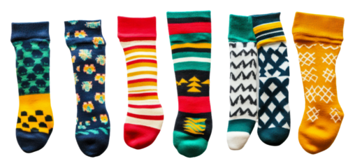 Colorful assortment of patterned socks isolated on transparent background