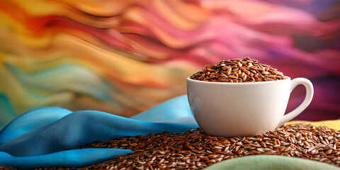 Naklejka premium White Bowl of Oats Against Colorful Abstract Swirl Background