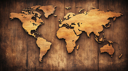Antique wooden world map with intricate detailing and vintage charm, evoking a sense of exploration and historical richness. Ideal for adding a classic touch to any decor