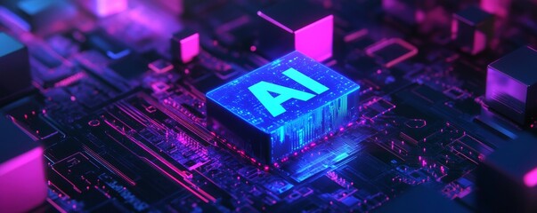 Blue glowing AI logo on a circuit board with vibrant lighting effects