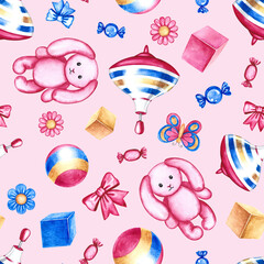 Seamless pattern with children's toys, cubes, balls and plush bunnies, bows and butterflies. Handmade watercolor illustrations. On a pink background. For wrapping paper, textiles, children's clothing.