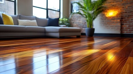 Fototapeta premium A hardwood floor with rich mahogany tones creating a warm and inviting atmosphere in a home