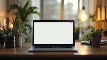 Fototapeta premium A modern office desk with a blank laptop screen ready for a website mockup