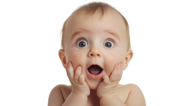 Surprised baby with wide eyes expressing joy and wonder indoors isolated on transparent background