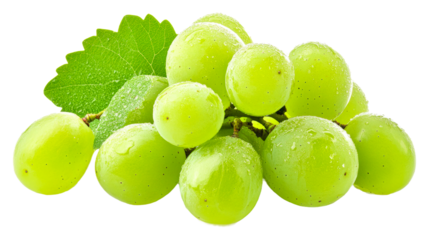 Fresh green grapes with water droplets and leaves isolated on transparent background